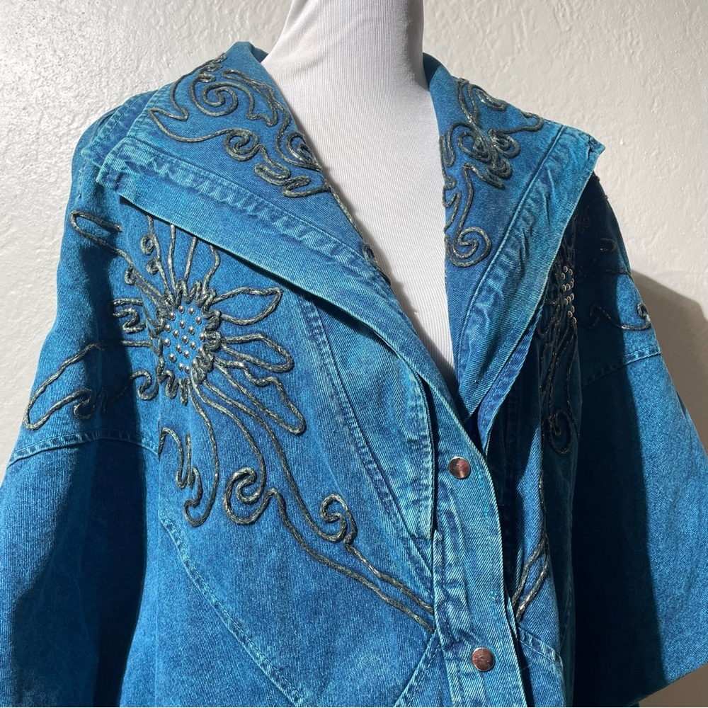 Vintage Jean Jacket garment-dyed Denim Embroidered embellished floral Oversize - Picture 4 of 9